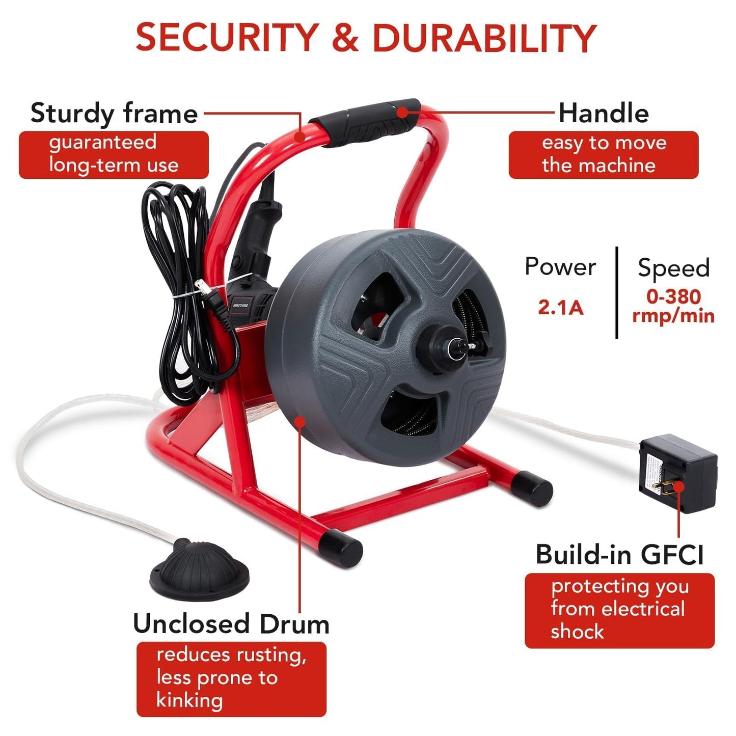 PIONEERWORKS 50Ft x 5/16 Inch Drain Cleaner Machine, Electric Drain Auger Professional for 3/4 to 3 Inch Pipes, Foot Switch with 6 Cutters, Glove, Drain Auger Cleaner Sewer Snake - DA04
