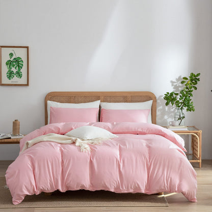 Pink Duvet Cover Twin, 100% Washed Microfiber 3-Piece Solid Color Casual Bedding Set for Boys & Girls, Zipper Closure, Luxury Ultra Soft Comfort (Twin)