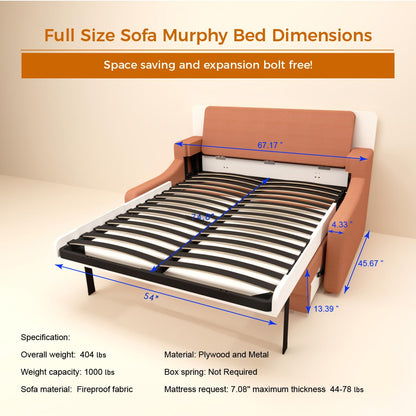 FAVSH Full Size Murphy Bed Cabinet with Loveseat Sofa, White Hidden Beds,Wall Bedframe w/Orange Couch for Bedroom,Space-Saving, Noise Free
