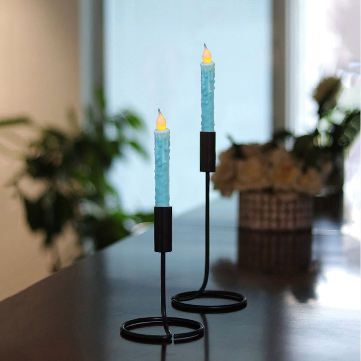 CVHOMEDECO. Real Wax Hand Dipped Battery Operated LED Timer Taper Candles Rustic Primitive Flameless Lights Decor, 6-3/4 Inch, Teal, 2 PCS in a Package