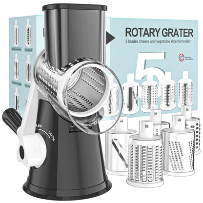 Cambom 5 in 1 Rotary Cheese Grater Hand Crank Cheese Shredder for Fresh Cheese, Vegetable, Nuts,Non-slip Suction Base, Black