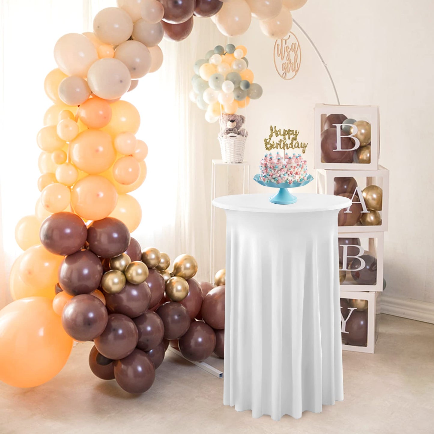 4 Packs White Round High Top Table Cloth 24inch×43inch Stretchy Wrinkle Free Highboy Cocktail Spandex Table Covers for Cocktail Party Wedding Banquet Baby Shower Baptism Decor