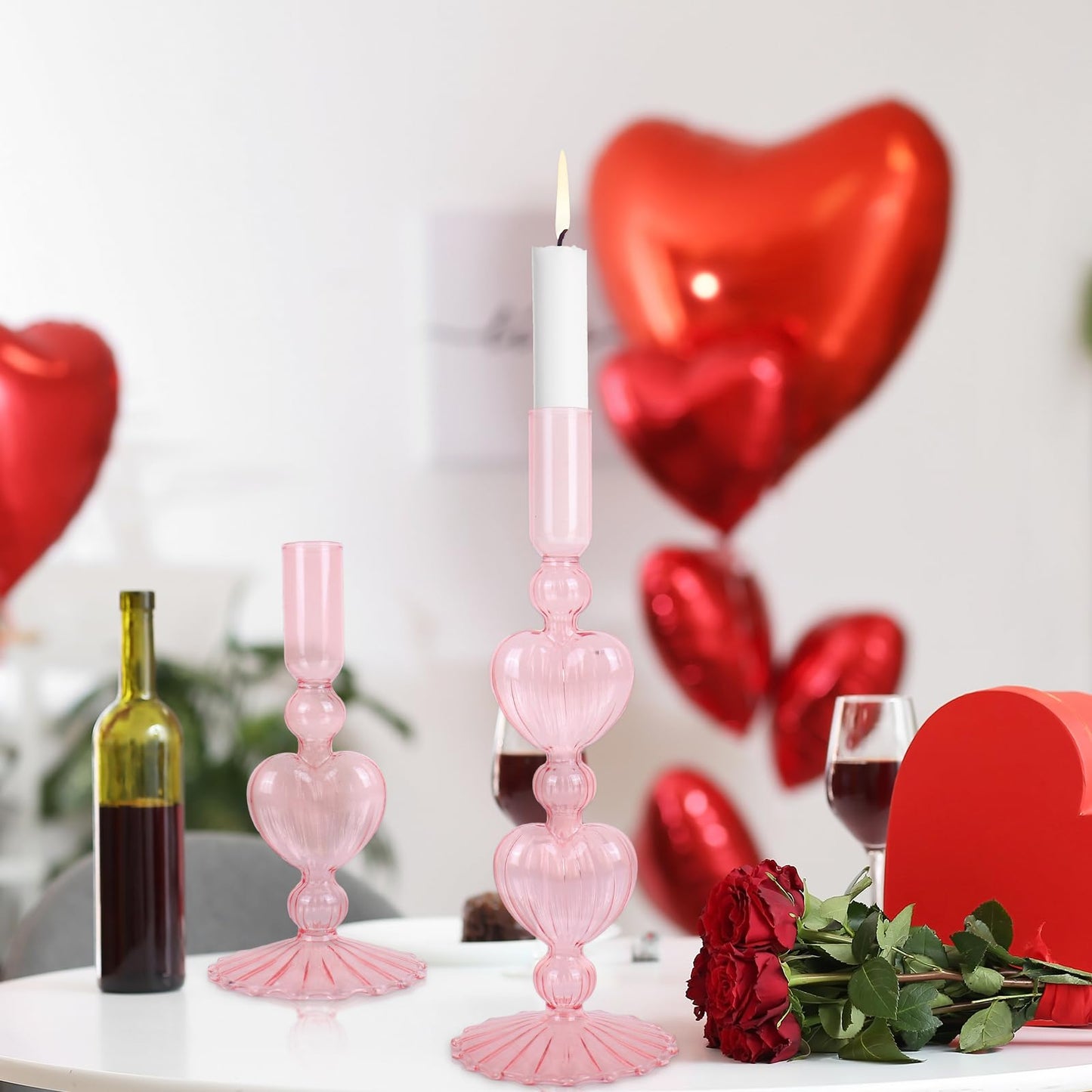 JarThenaAMCS 2Pcs Valentine's Day Glass Candlestick Holders Pink Heart Glass Taper Candle Holder Valentines Heart Candle Stick Vase Decor for Galentine's Day Wedding Festival Party Table Centerpiece