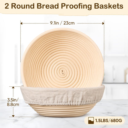 TeamFar Bread Proofing Basket Set of 2, Sourdough Bread Baking Supplies, 9 Inch Round Proofing Baskets for Sourdough Bread Baking, Proofing Bowls with Liner for Dough Fermentation