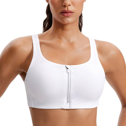 CRZ YOGA Womens Zip Front High Impact Sports Bra - Molded Cup Adjustable Convertible Straps Wireless Workout Yoga Crop Top White 34DD