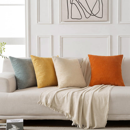 Volcanics Set of 4 Orange Teal Corduroy Decorative Couch Throw Pillow Covers 20x20 Inch, Modern Farmhouse Double-Sided Striped Cushion Cases, Soft Boho Square Accent Pillow Covers for Fall Home Decor