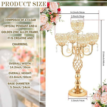 Elegant 5-Arm Candelabra | Crystal Pendant Centerpiece - 23.6 Inch Tall for Weddings & Home Decor