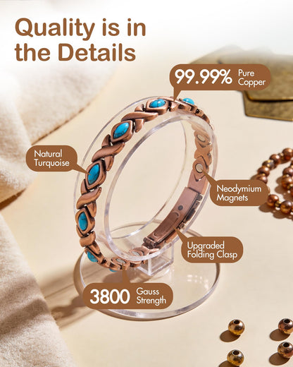 Feraco Pure Copper Bracelets for Women, Ultra Strength Magnetic Bracelet with 3800 Gauss Magnets & Natural Turquois, Adjustable Jewelry, Infinite Symbol