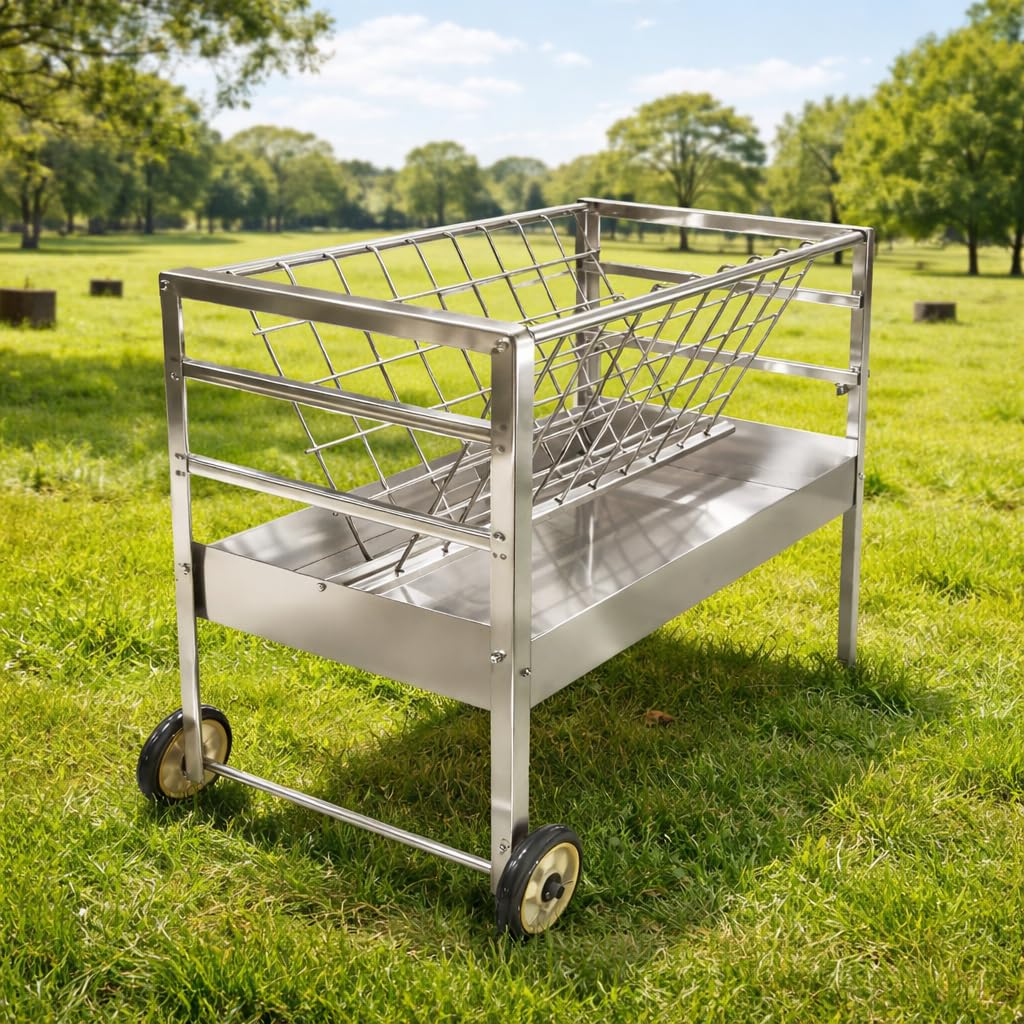 Goat Hay Feeder with Wheels, Goat Feeder 2‑in‑1 Galvanized Steel Heavy‑Duty Design, Large Capacity Rust‑Proof Livestock Feeder, Easy to Clean Mobile Cart for Goats, Sheep, Horses & Ponies