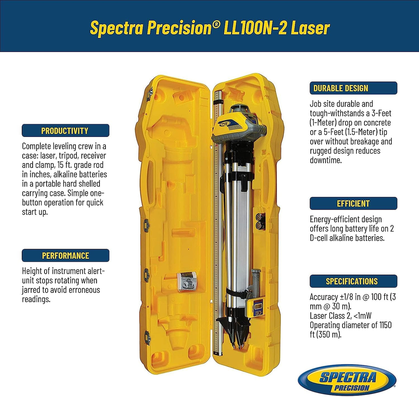 Spectra Precision LL100N-2 Laser Level Kit with HR320 Receiver and Clamp, 15' Grade Rod (Inches), Tripod, and System Case , Yellow