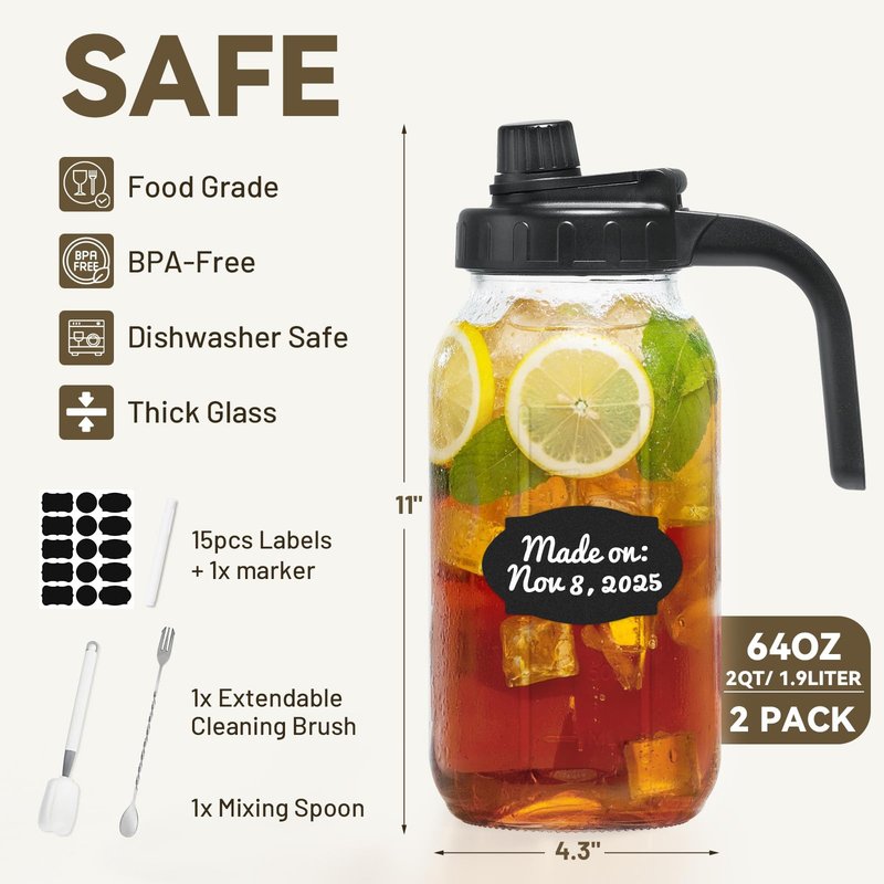 2 Pack Mason Jar Pitcher - Airtight & Leakproof Glass Pitcher with Lid, Perfect for Juice, Cold Brew, and Sun Tea - 2 Quart (64 oz) Mason Jar with Pour Spout Lid + Mixing Spoon, Brush, Labels