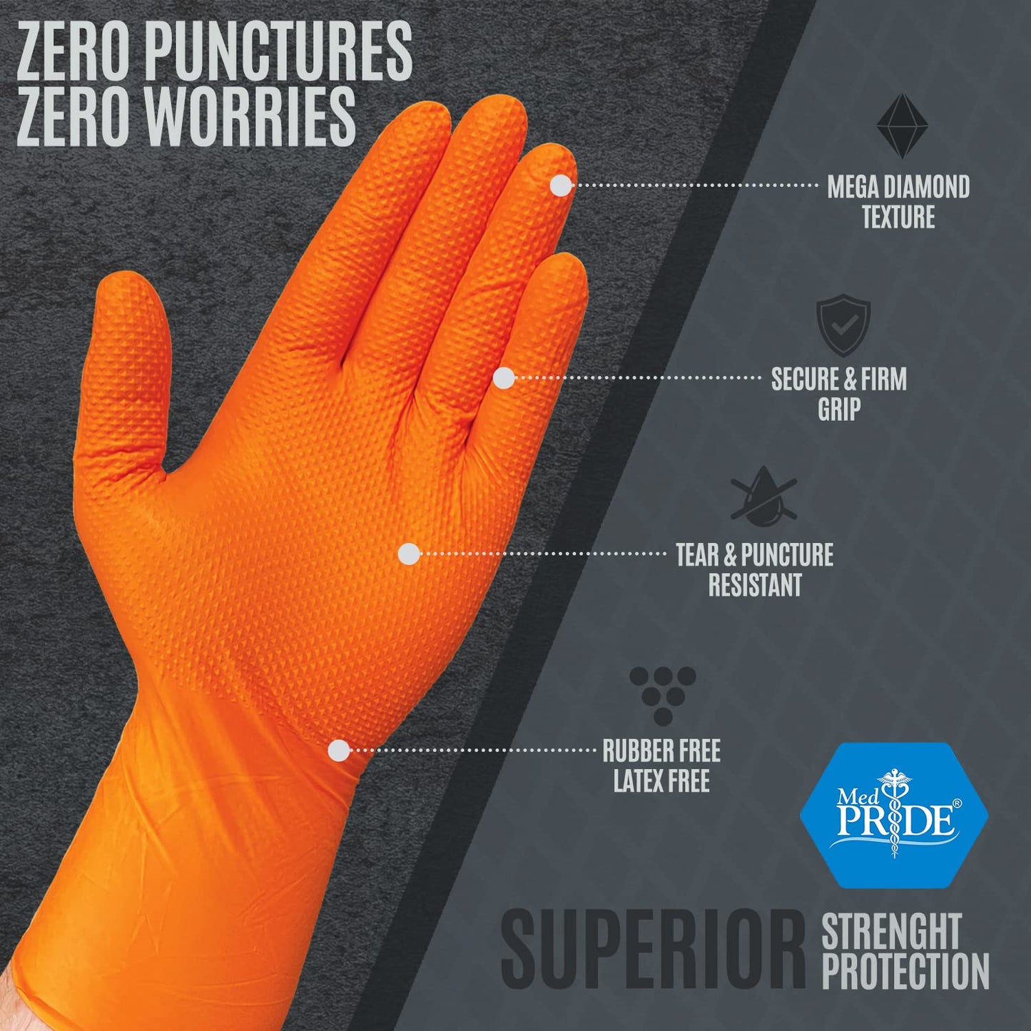 MED PRIDE Maxx Strength Nitrile Industrial 8 Mil Thick 100 Gloves/Large - Diamond Texture Disposable Safety- Heavy-Duty, Tear-Resistant Mechanic Automotive Food Handling Gloves- Orange