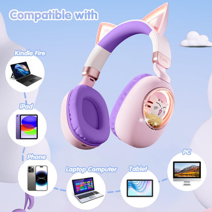 sunvito Kids Headphones Bluetooth 5.4 - Cat Ear LED Light Up Noise Cancelling Wireless Headphones with Mic, 85dB Volume Limited, Wired & Wireless Mode for Travel/School/iPad
