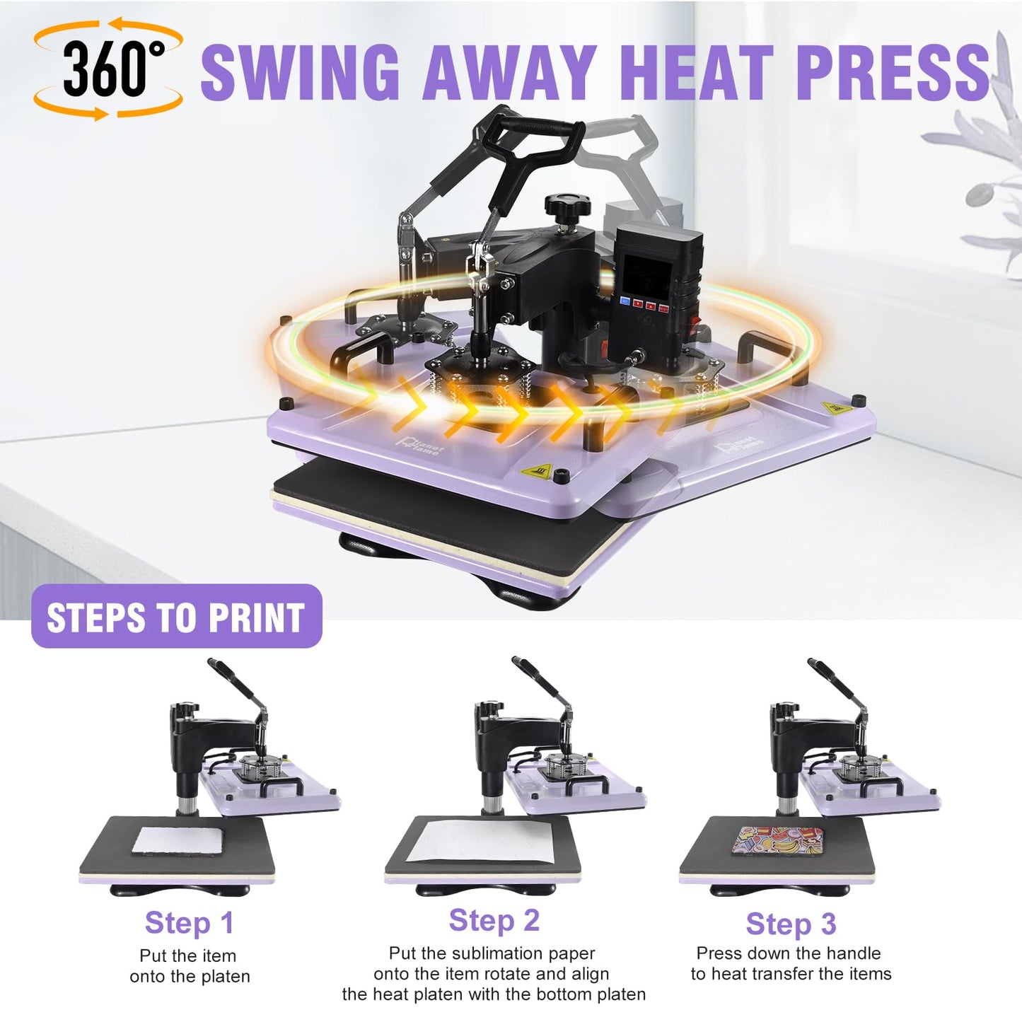 PlanetFlame Heat Press Machine 12x15 Inch, 360° Swing Away 5 in 1 Heat Transfer Machine, Multifunctional Heat Transfer Press Machine with 30OZ Tumbler Attachment for Hat/Plate/T-Shirt/Mug, Purple