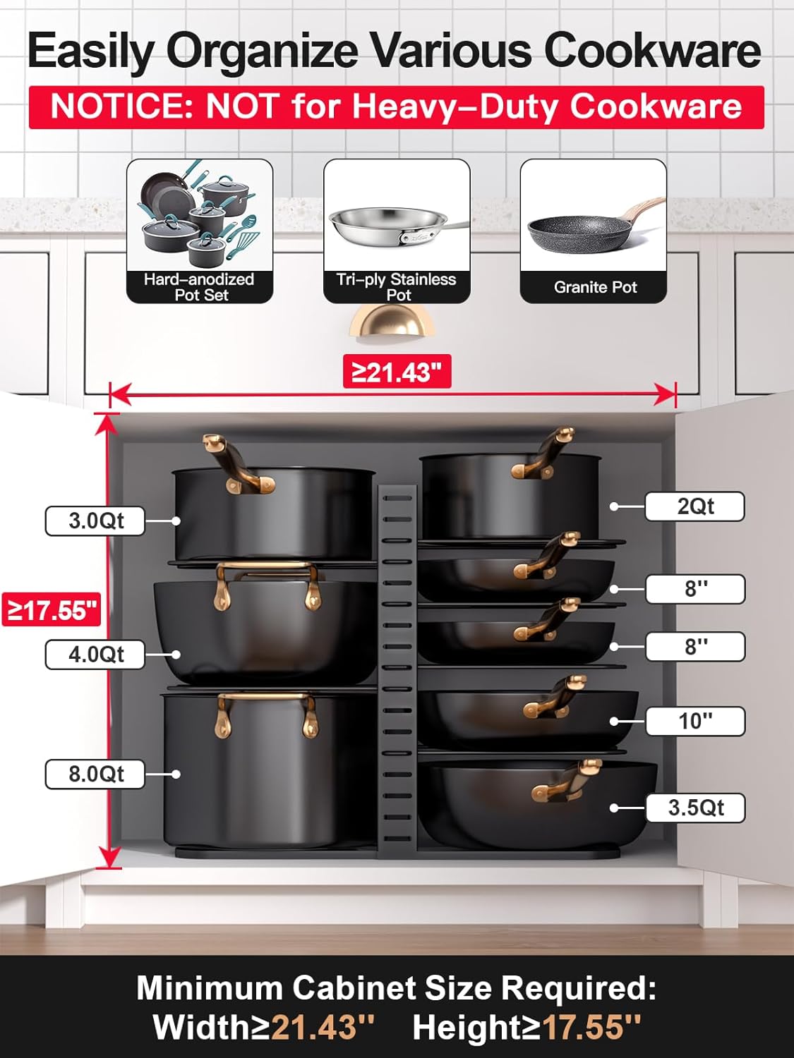 MUDEELA Pots and Pans Organizer Rack under Cabinet 14.55in Height, 8-Tier Kitchen Cabinet Organizers and Storage, Light-Duty Adjustable Pot Racks, Pan Organizers inside Cabinet with 3 DIY Methods