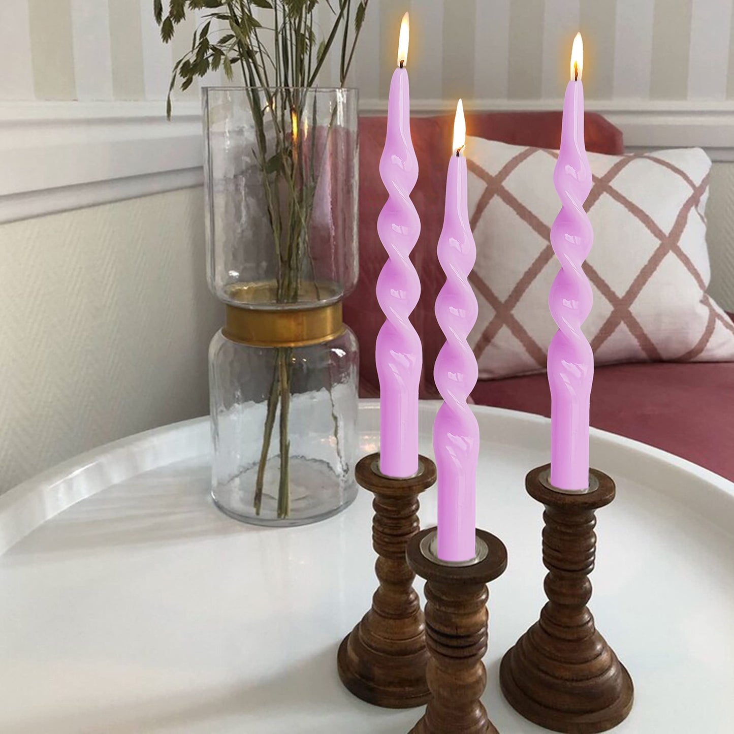 10 Inch Taper Candles Candle Sticks Unscented Handmade 2 Pack Smokeless Long Time Twisted Candlesticks for Wedding Decoration Yoga(Purple)