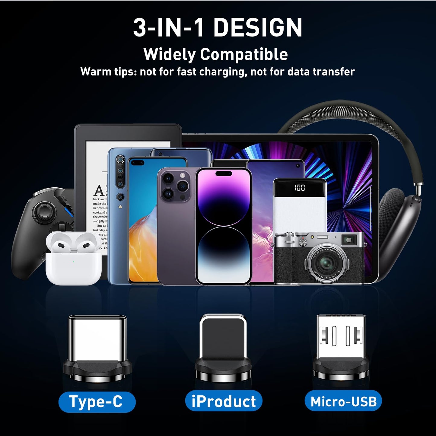 ODDADD Magnetic Charging Cable 5-Pack (1.6/3.3/3.3/6.6/6.6FT), 540° Rotating Magnetic Phone Charger Cable with LED Light for Micro USB, USB C and i-Product Device