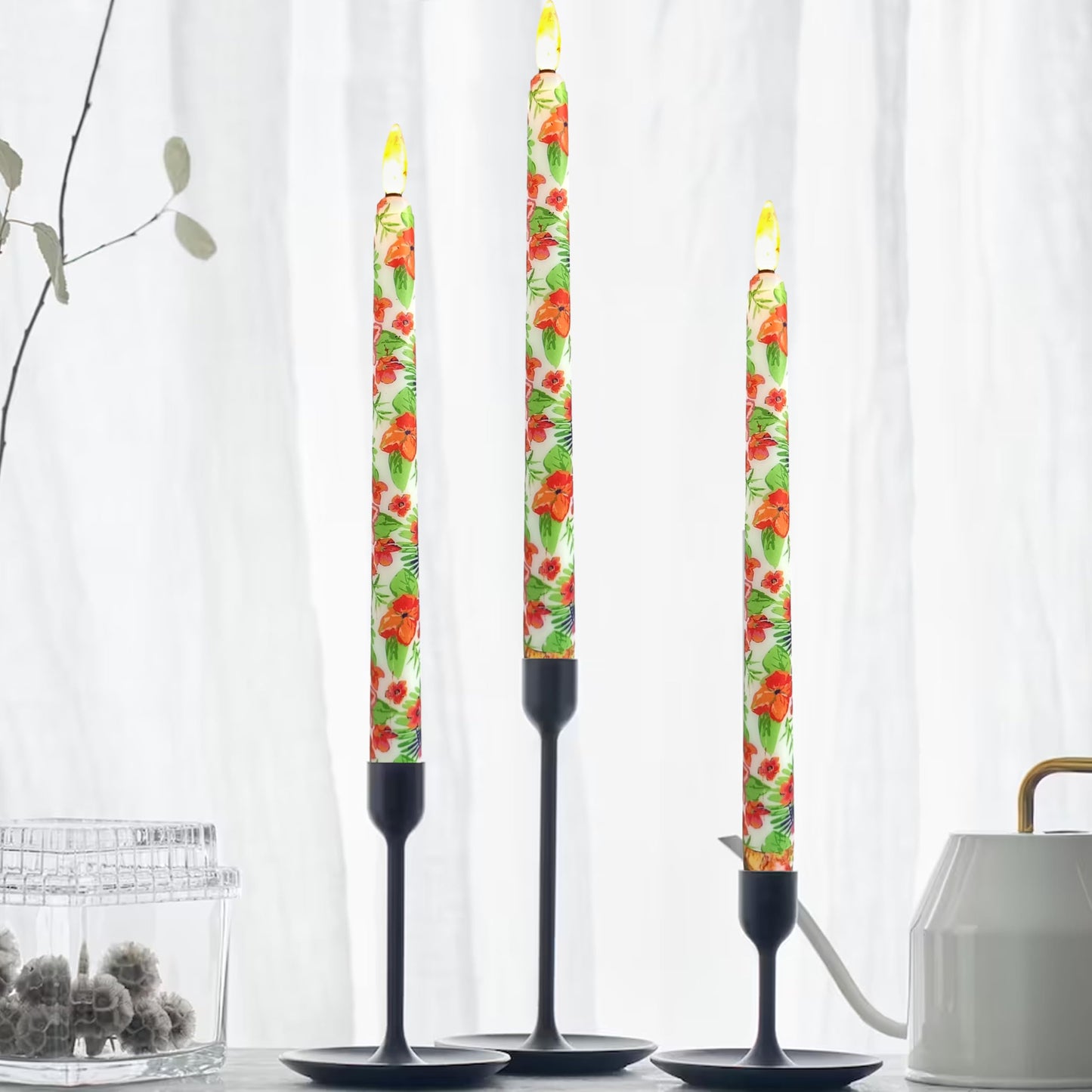FCMSHAMD 6PCS Tropical Flower Flameless Taper Candles, 11 Inch LED Candlesticks Battery Operated with 11-Key Remote and Timer, 3D Flickering Flame Lights for Wedding Party Home Decor Gifts