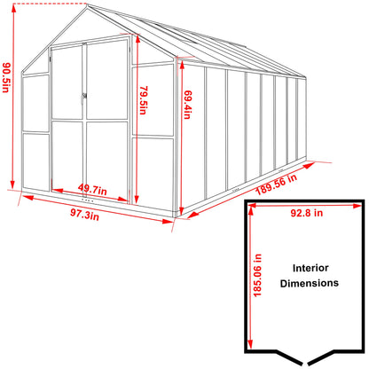 Yardenaler 8x16 FT Polycarbonate Aluminum Greenhouse Kit, Outdoor Walk-in Greenhouse, PC Green House with Adjustable Roof Vents and Lockable Door, Backyard Garden in Winter, Gray
