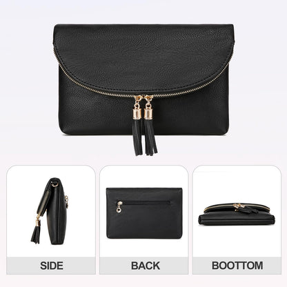 Solene Women's Envelop Clutch Crossbody Bag With Tassels Accent (WU075-Black)