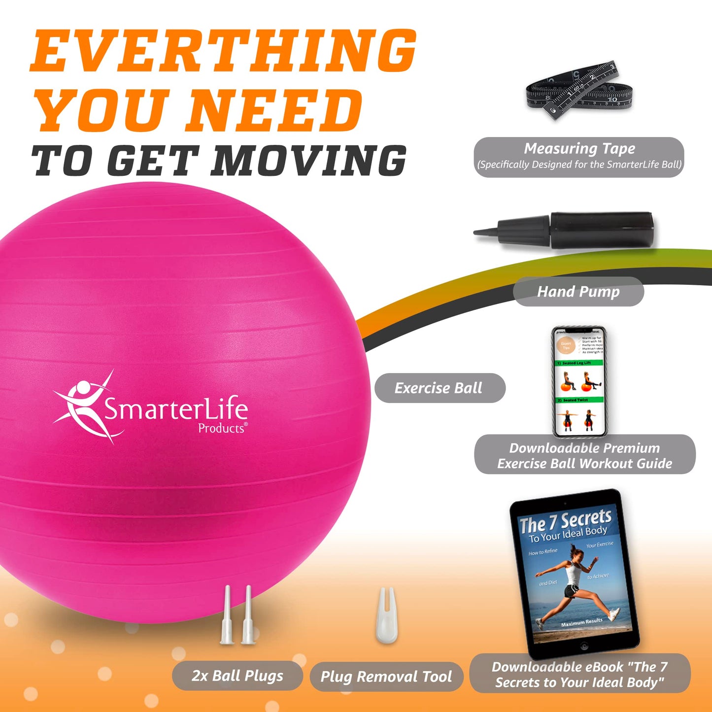 SmarterLife Exercise Ball Yoga Ball for Fitness, Balance, Stability, or Pregnancy, Gym Ball for Core Workout, Physical Therapy, Yoga Ball Chair for Office, Anti-Slip Anti-Burst