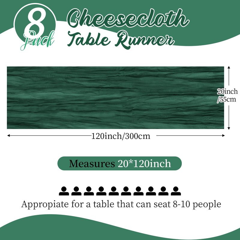 8 Pack Emerald Green Cheesecloth Table Runners 20x120 Inch Gauze Table Runner Cheese Cloth 10FT Green Table Runner Rustic Sheer Runner for Wedding Baby Shower Birthday Party Table Decor
