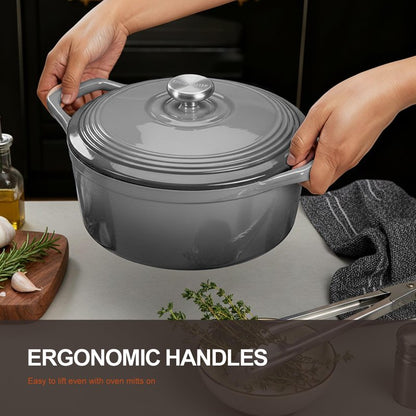 Overmont Enameled Cast Iron Dutch Oven - 5.5QT Pot with Lid Cookbook & Cotton Potholders - Heavy-Duty Cookware for Braising, Stews, Roasting, Sourdough Baking Grey