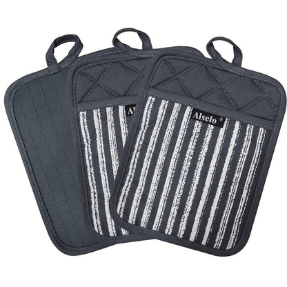 Alselo Silicone Pot Holders Set of 3 Heat Resistant & Non Slip Potholders, Professional Oven Hot Pads with Pockets Mitts for Kitchen Cooking Baking Barbecue