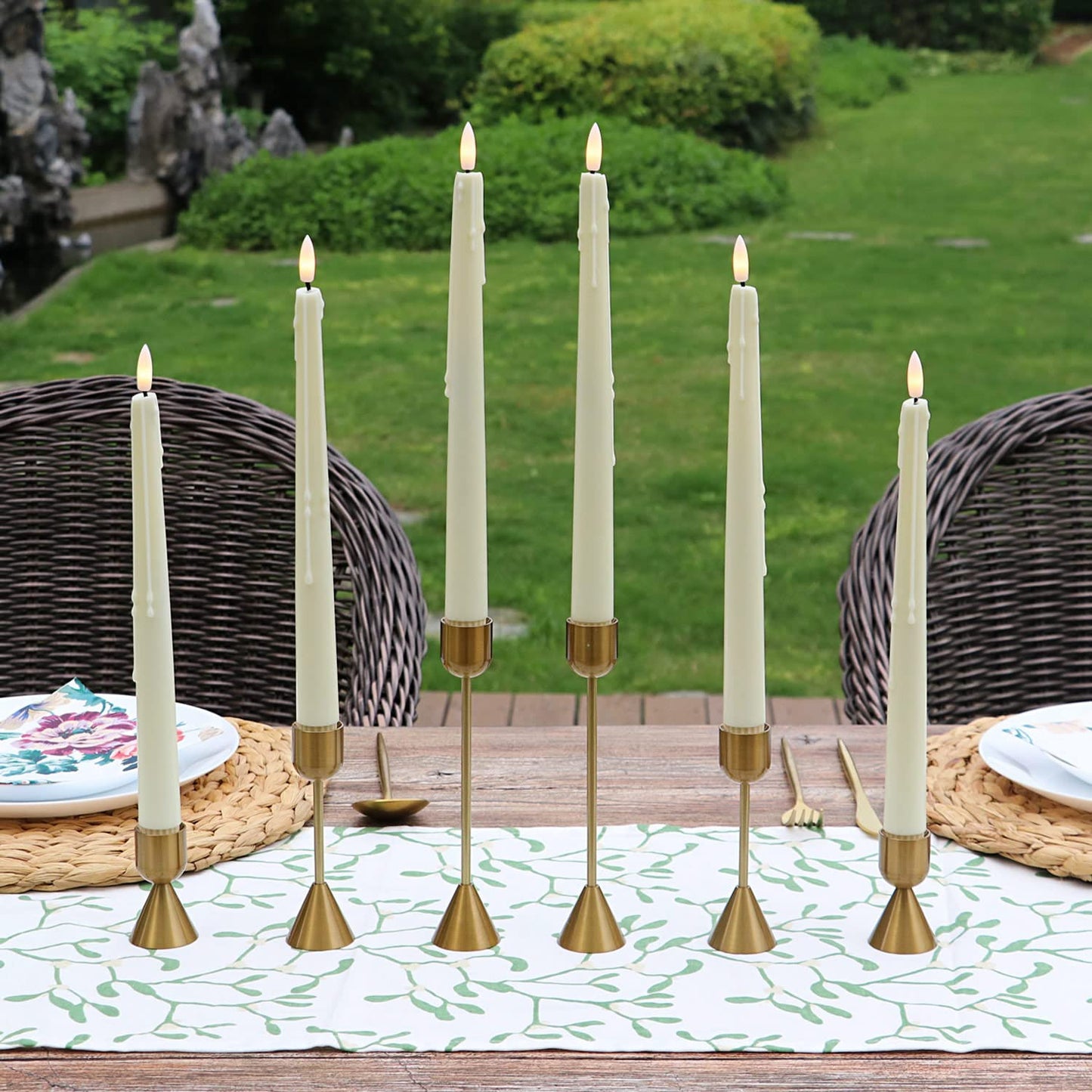 Rhytsing 11.4" Natural White Flameless Taper Candles with Timer Function, Battery Operated Dinner Tall Candlestick Wax Dripping Design, Warm White LED, 2 Remotes Included - Set of 6