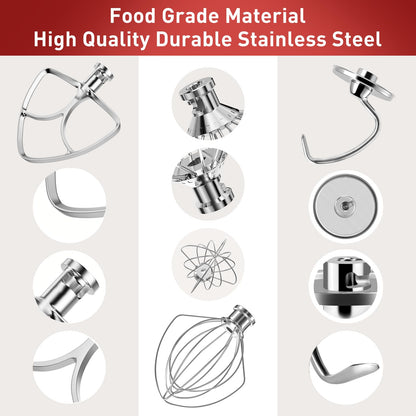 Stainless Steel Stand Mixer Attachments 3-Piece (4.5-5QT Flat Beater, 4.5-5QT Dough Hook, K45WW 6-Wire Whip Attachment) for KitchenAid Tilt-Head Stand Mixer and 4.5-5 Quart Bowl, Dishwasher Safe