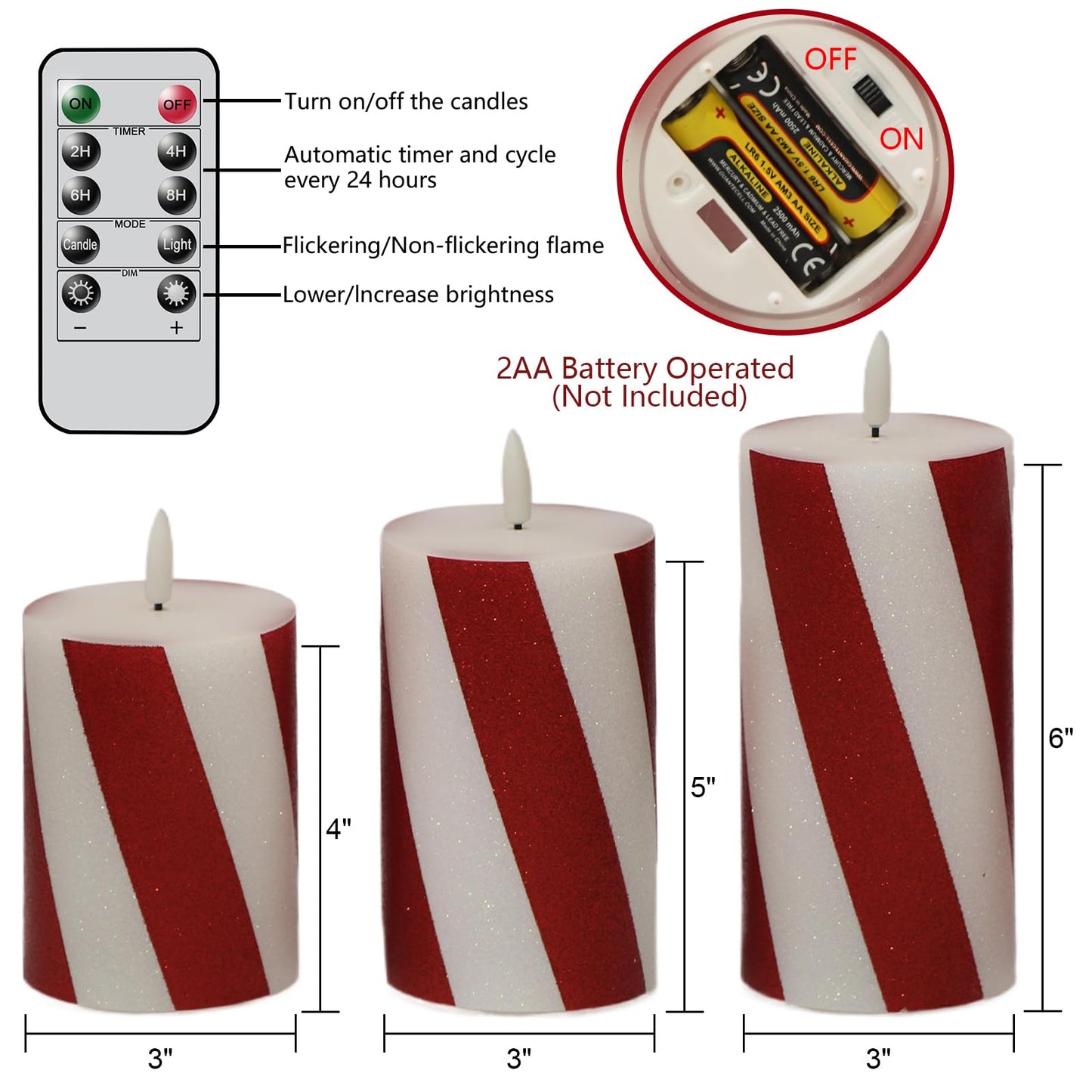 Eldnacele Christmas Candy Cane Stripe Flameless Candles with Remote and Timer, Battery Operated 3D Wick Flickering Real Wax Stripe Glitter Pillar LED Candles Holiday Xmas Decor (3Pcs, D3×H4/5"/6")