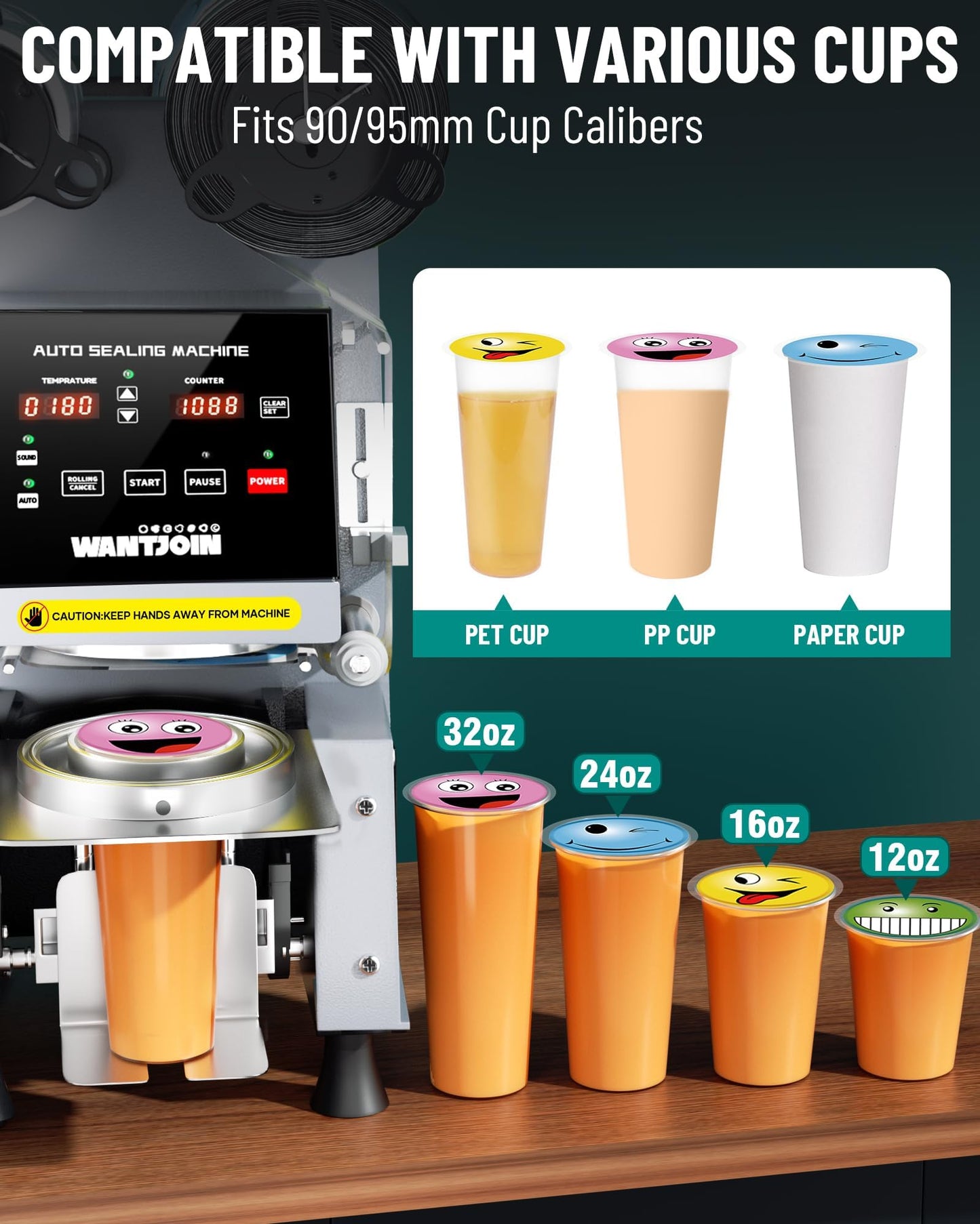 WantJoin Cup Sealer Machine - Full Automatic Cup Sealing Machine Electric Boba Sealing Machine Seals 500-600 Cups/H Digital Control Panel Cup Sealer for Bubble Milk Tea Coffee Shop,20''H 90/95mm