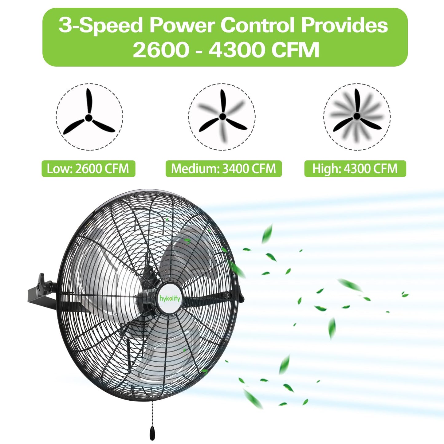 hykolity 4300 CFM 18 inch Industrial Wall Fan, 3-Speeds High Velocity Wall Mount Fan with Sealed Motor, Heavy Duty Metal Barn Fans for Shop, Garage, 2 Pack
