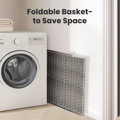 Elevon 90L Laundry Basket with Lid, Hand-Woven Pp Rattan Laundry Hamper with Compartments & Handles, Foldable, Large Capacity Clothes Basket with Removable Liner for Bathroom, Light Gray