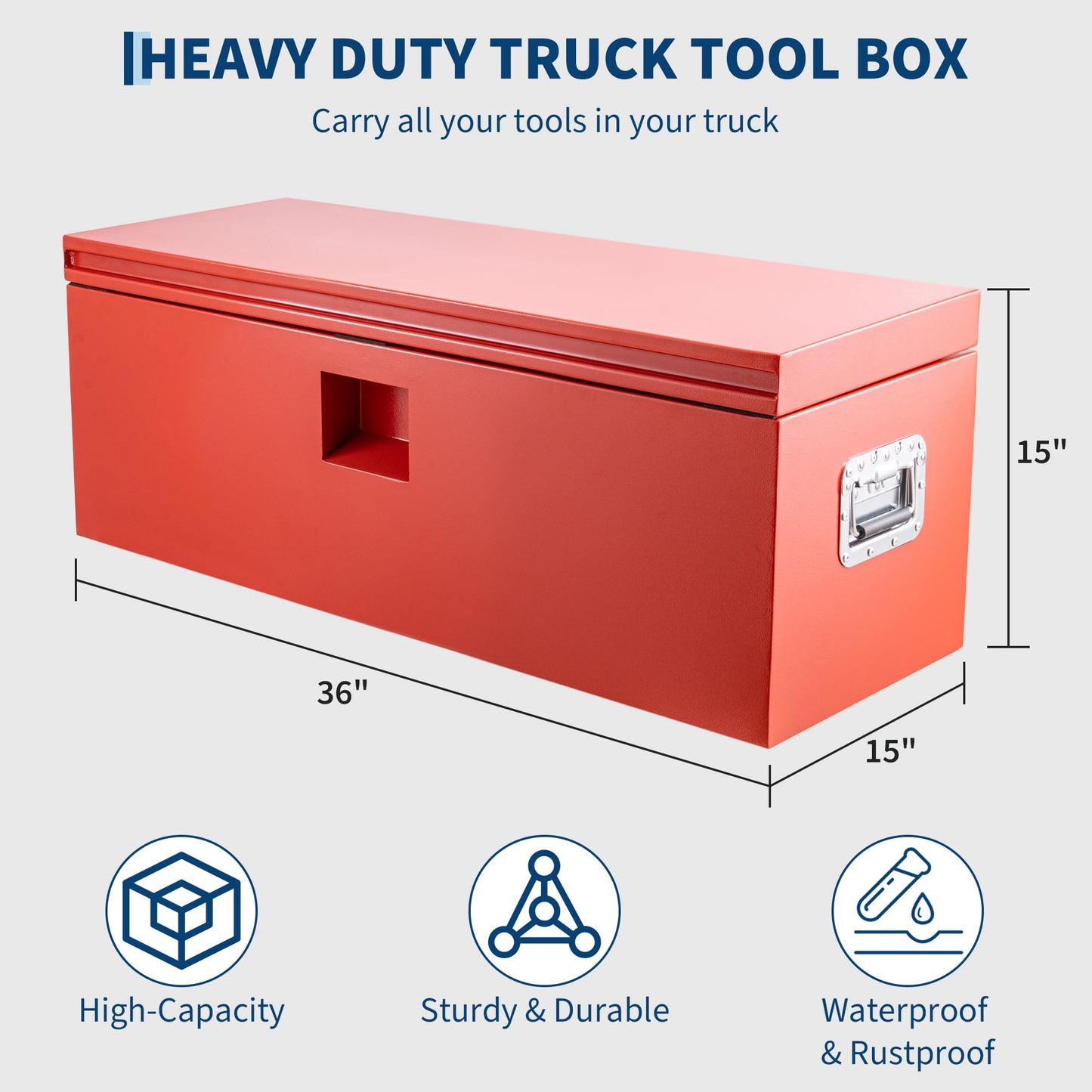GarveeLife Heavy Duty Steel Truck Bed Toolbox – 36x15in Waterproof Storage Chest with Dual Hydraulic Levers, Lock & Keys, Garage & Workshop Organizer for Pickup, RV, Trailer – Red - MHL