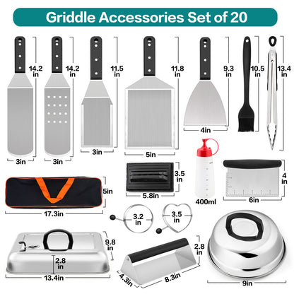 Griddle Accessories for Outdoor, Leonyo 20 Pcs Grilling Accessories, BBQ Tool Set with Griddle Grill Spatula with Smash Burger Kit, Enlarged Spatulas, Metal Scraper for Flat Top Grill Camping