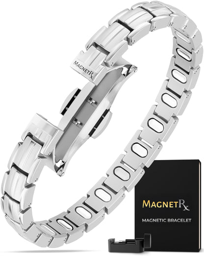 MagnetRX® Magnetic Bracelets for Women - EllipseMAX 5X Strength 5,000 Gauss Magnets - Designed in USA & PATENT PENDING - Premium Titanium Womens Magnetic Bracelet & Adjustable Length (Silver)