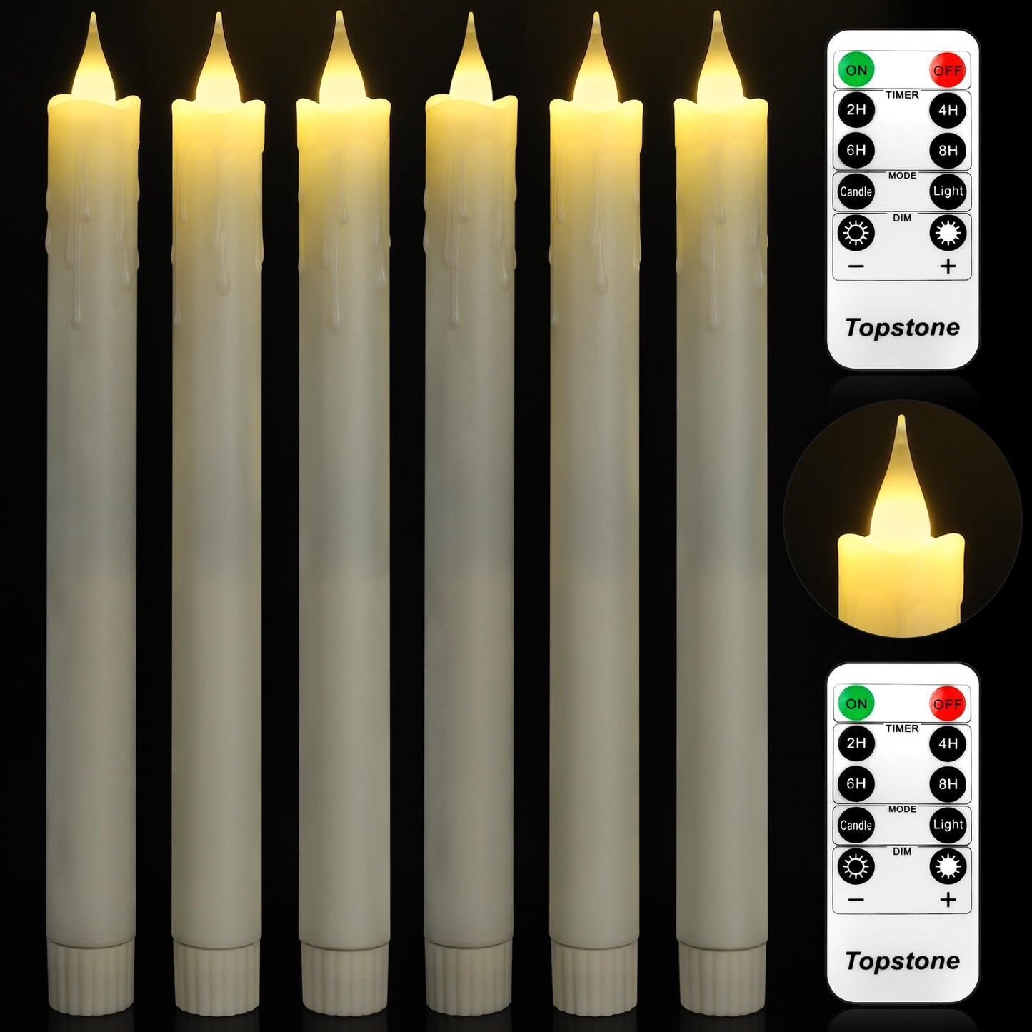 Topstone LED Taper Candles with Remote Control, Flameless 9.8 Inch Battery Operated Candles, Realistic Flickering Warm White Light,Timer Function for Wedding Centerpieces, Fireplace, Home Decor,6Pcs