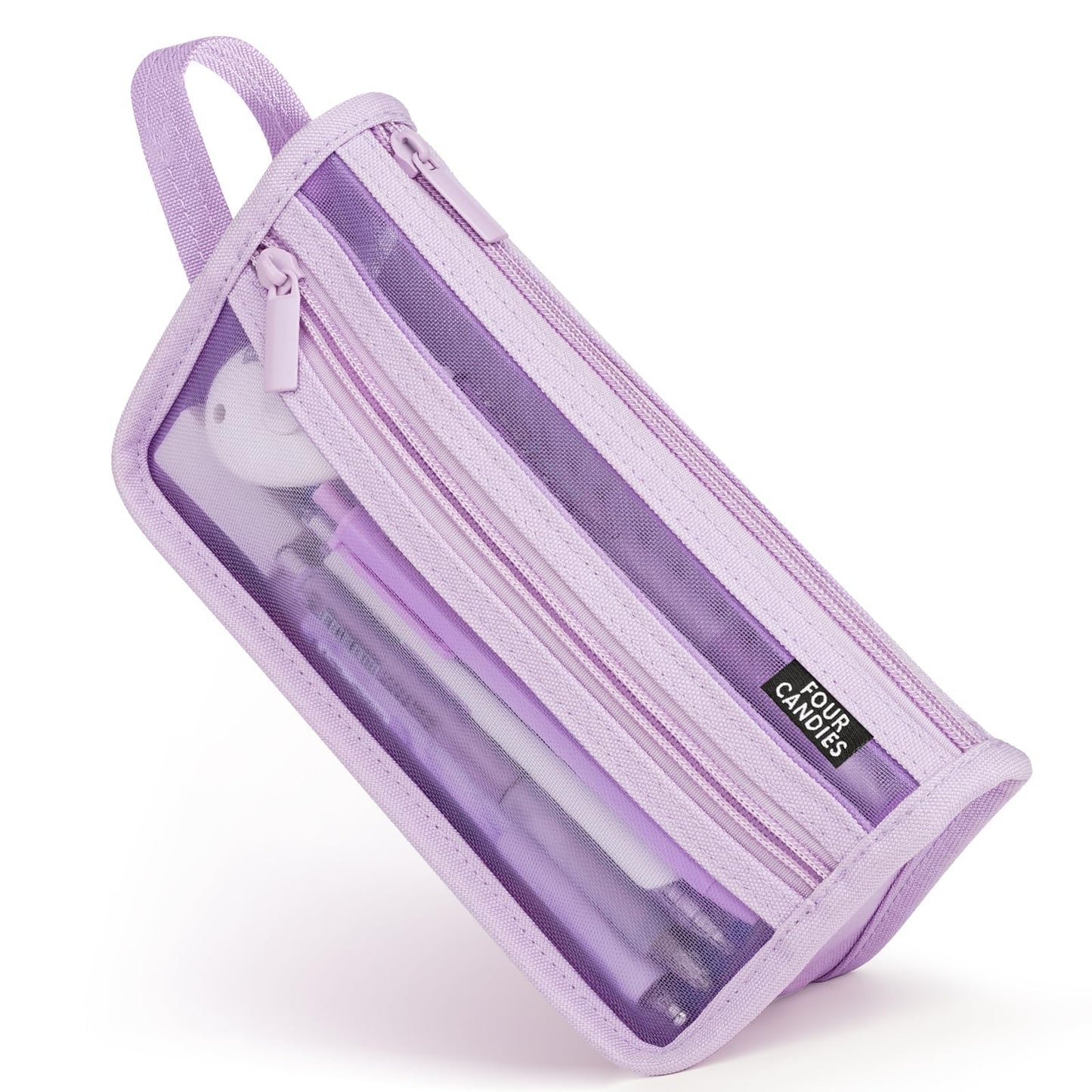 Four Candies Grid Mesh Pencil Case with Handle and Zipper, Clear Double-layer Pencil Pouch Marker Pouch, Travel Makeup Bag, Cute Transparent Stationary Organizer Pen Bag for Adult Office College