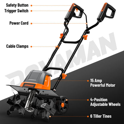 DOVAMAN 18-Inch Electric Garden Tiller, 15-Amp Corded Cultivator with Up to 9-Inch Tilling Depth, 4-Position Adjustable Wheels & Foldable Handle for Soil Preparation