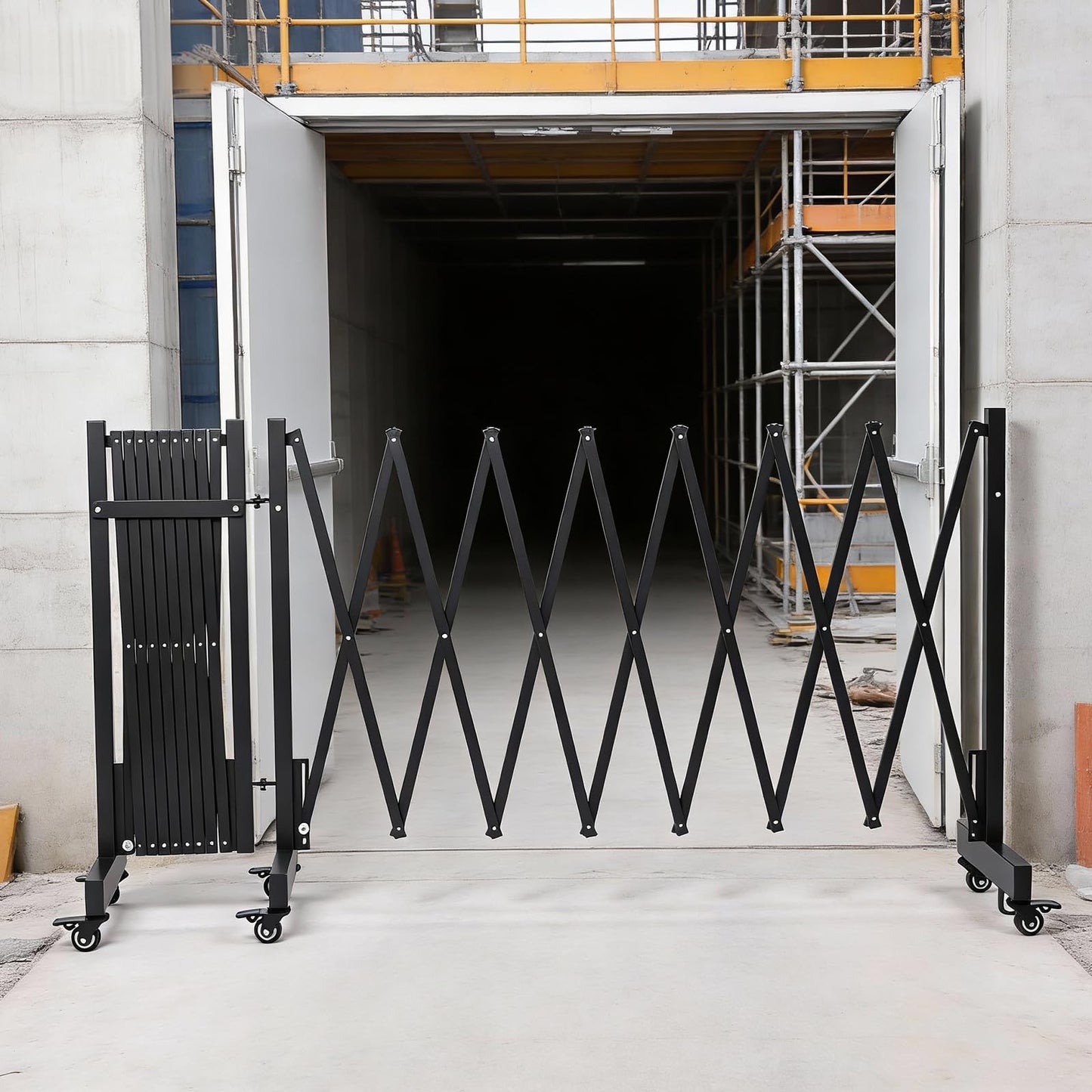 23.5FT Industrial Metal Expandable Barricade，Retractable Traffic Fence with Casters, Folding Security Gate，Portable Barricade Gate for Construction Area, Traffic Control, Cordon(Black