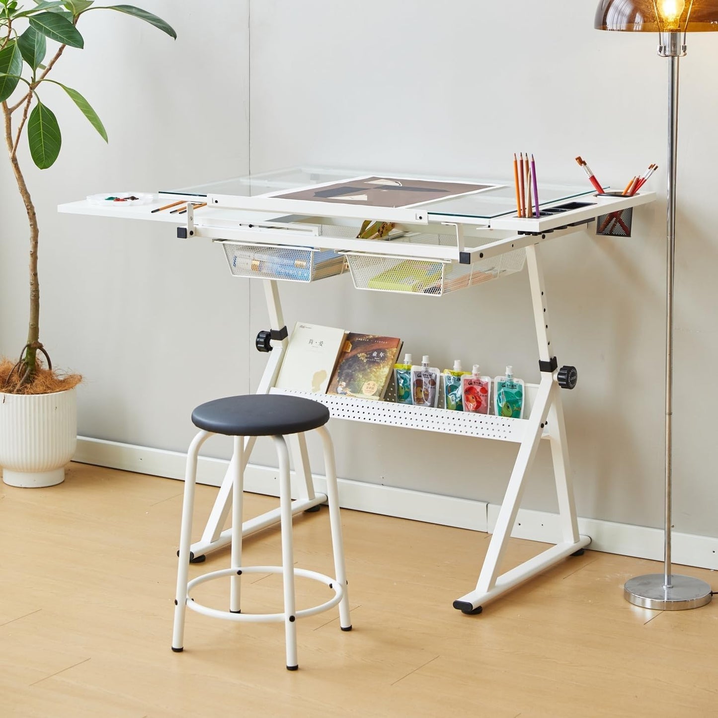 Garvee Drafting Table w/Stool, Height Adjustable Drawing Table, Multifunctional Art Craft Paintings Work Station w/2 Storage Drawers, 0-75° Tilting Glass Tabletop for Home Office, White