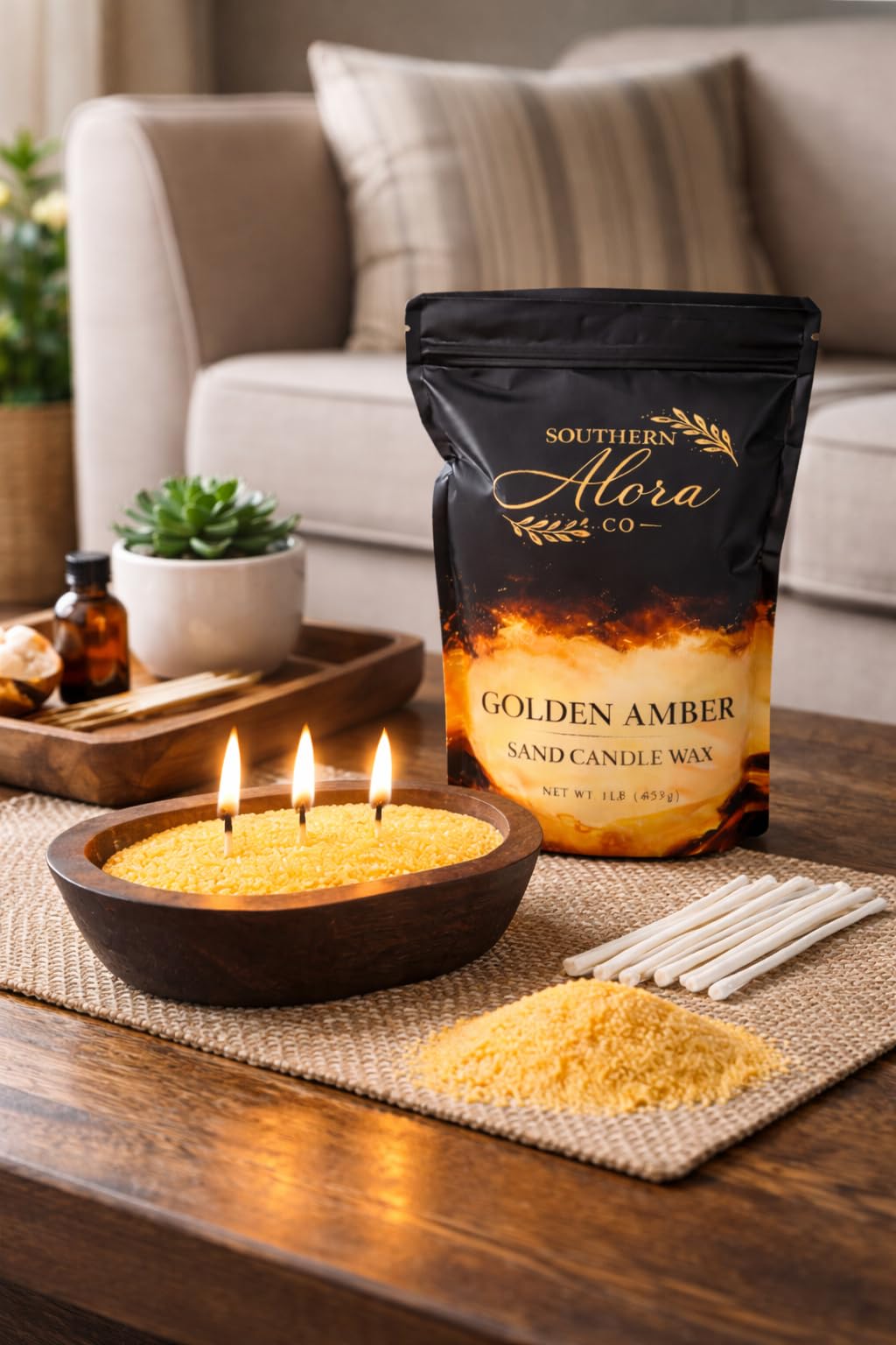 Candle Sand with 10 Wicks – 1 LB Refillable Candle Wax for DIY Candles, Wedding Centerpieces, Home Decor, Candle Making Kit, Candle Sand with Wicks – Golden Amber