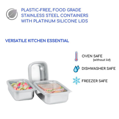 Sustainable Containables Stainless Steel Food Storage Containers with Clear Platinum Silicone Lids, Airtight, Leakproof 18/8 (304) Food Grade SS Nested 3Pk 20/30/40 oz Plastic-Free