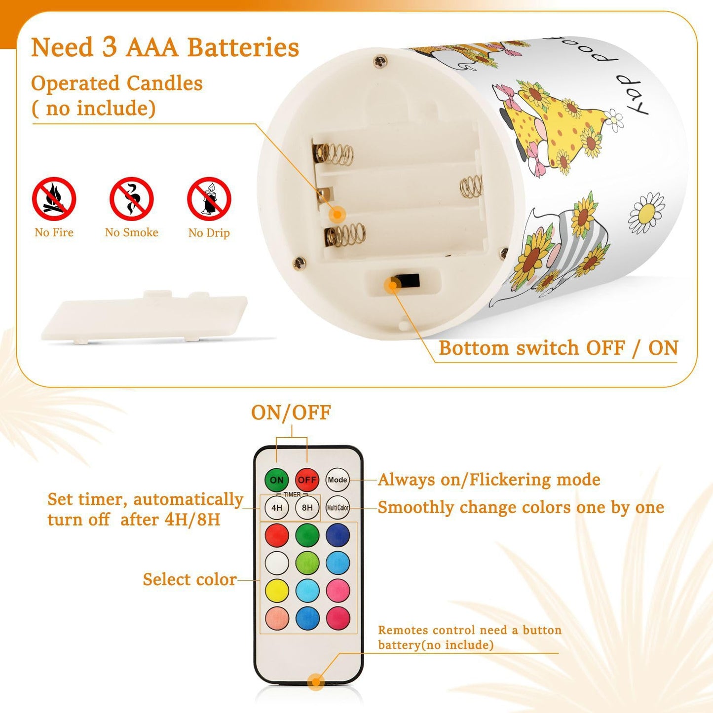 Eionryn Sunflower Gnomes Flameless Candles Autumn Spring Summer Yellow Floral Battery Operated LED Candles with Remote Timer Electric Candles for Home Party Decor 2pcs