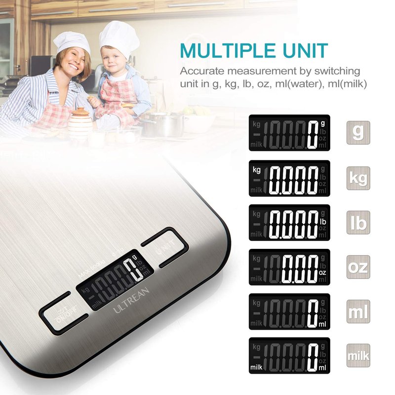 Ultrean Food Scale, Digital Kitchen Scale with LCD Display, Weight Grams and Ounces for Baking Cooking and Meal Prep, 6 Units with Tare Function, 304 Stainless Steel, 11lb (Batteries Included)