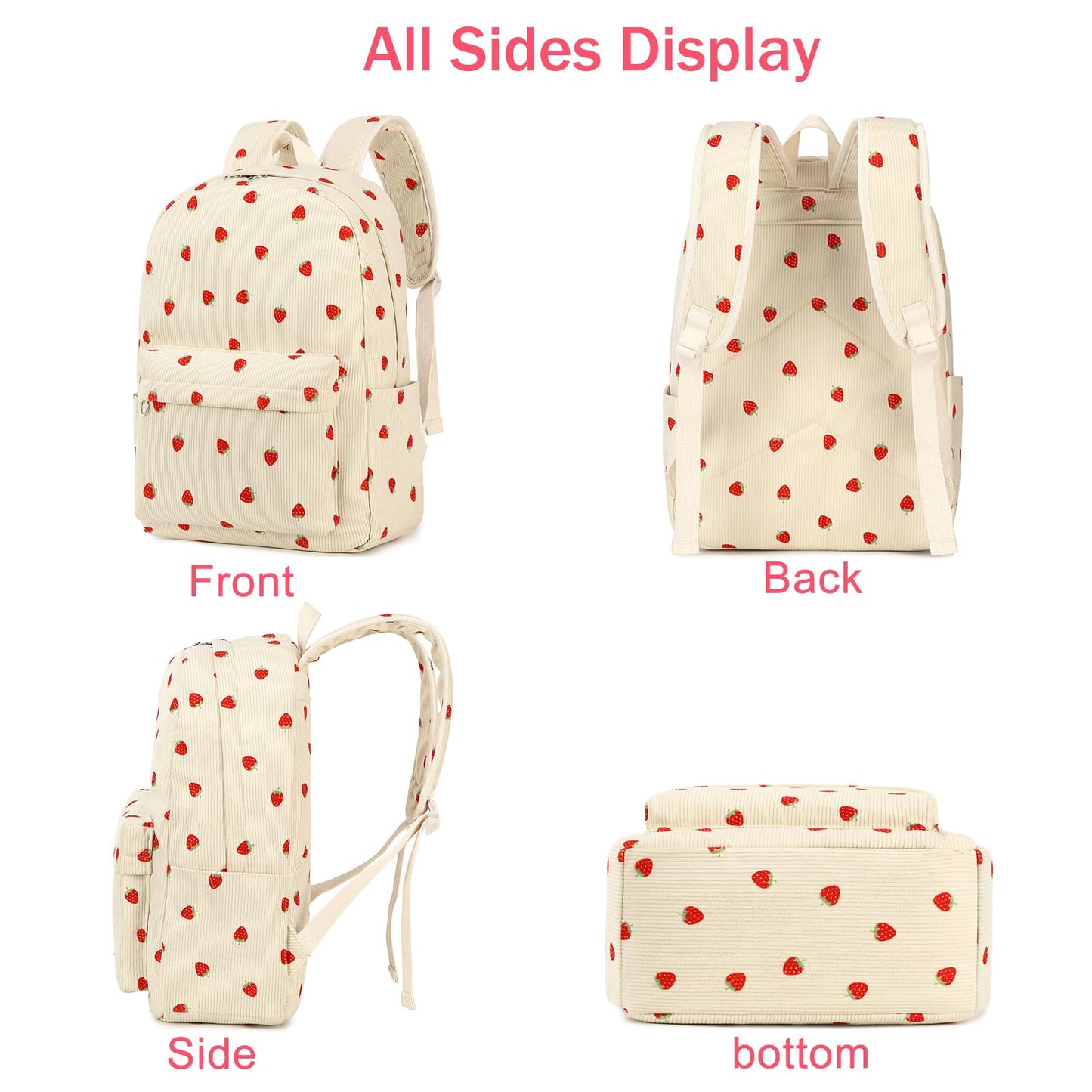 FADOVYE Kids Backpack for Girls Women School Bag Laptop Backpack Casual Daypacks with Lunch Box Pencil Case for Preschool Kindergarten Elementary Bookbag, Strawberry