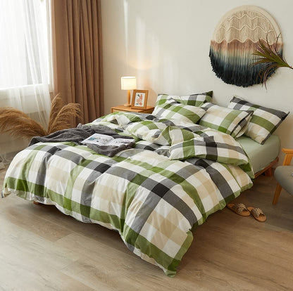 DONEUS 100% Washed Cotton Duvet Cover Set Super Soft Breathable Comfy Natural Linen Like Textured Bedding Set 3 Pieces with Zipper Closure (Green White Plaid, Queen)