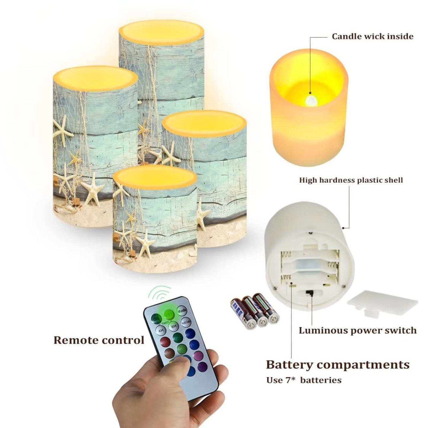 NETILGEN Flickering Flameless Candles 4 Pieces Set, LED Pillar Candles with Timer Battery Operated Tea Lights for Coastal Decor, Beach Starfish with Blue Wood Grain