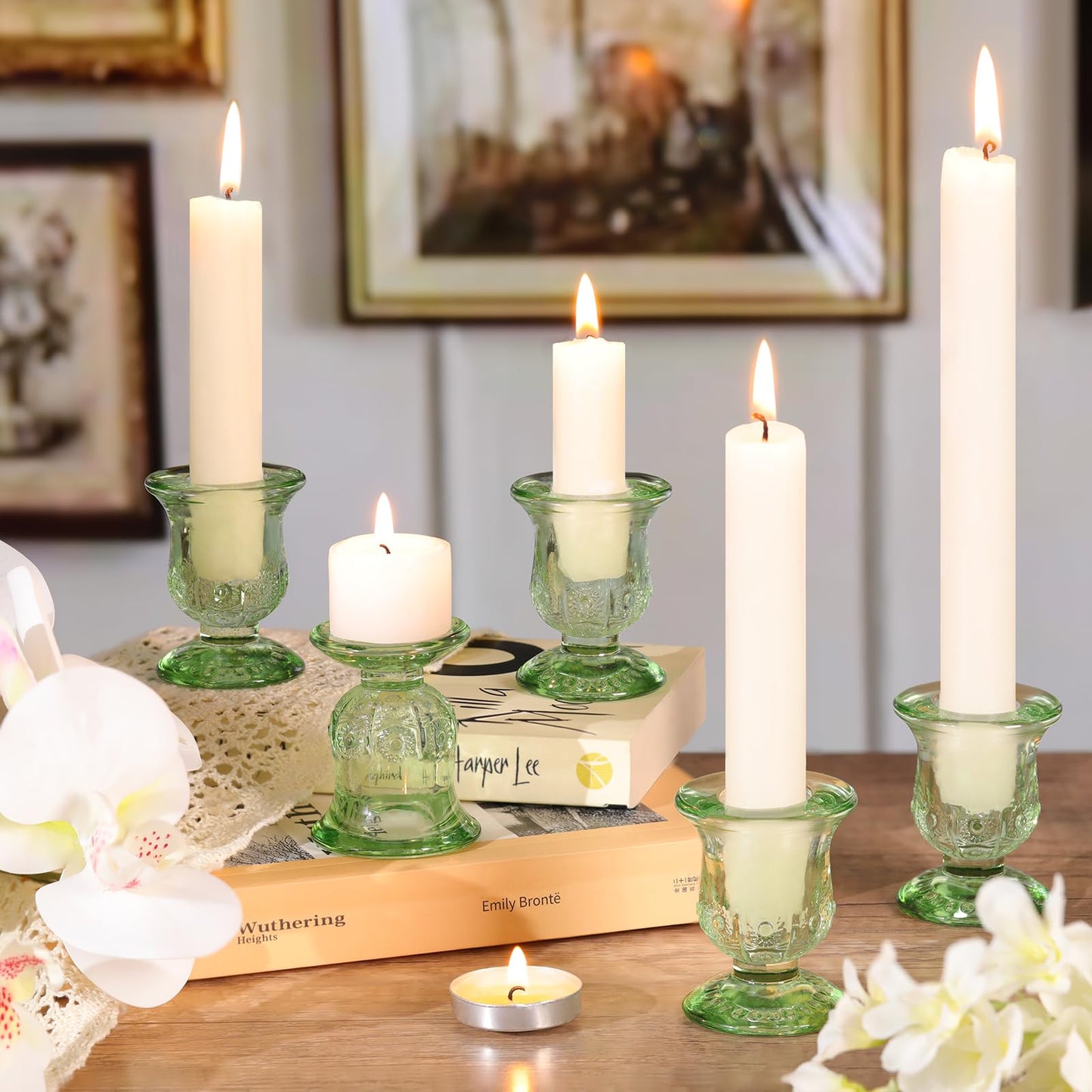 sunnyfuture 10pcs Green Candlestick Holders, Glass Taper Candle Holders for Table Centerpiece Decor, Wedding, Birthday, Gift